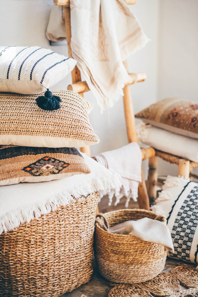 Details of modern boho, bohemian, scandinavian style. eco design interior.