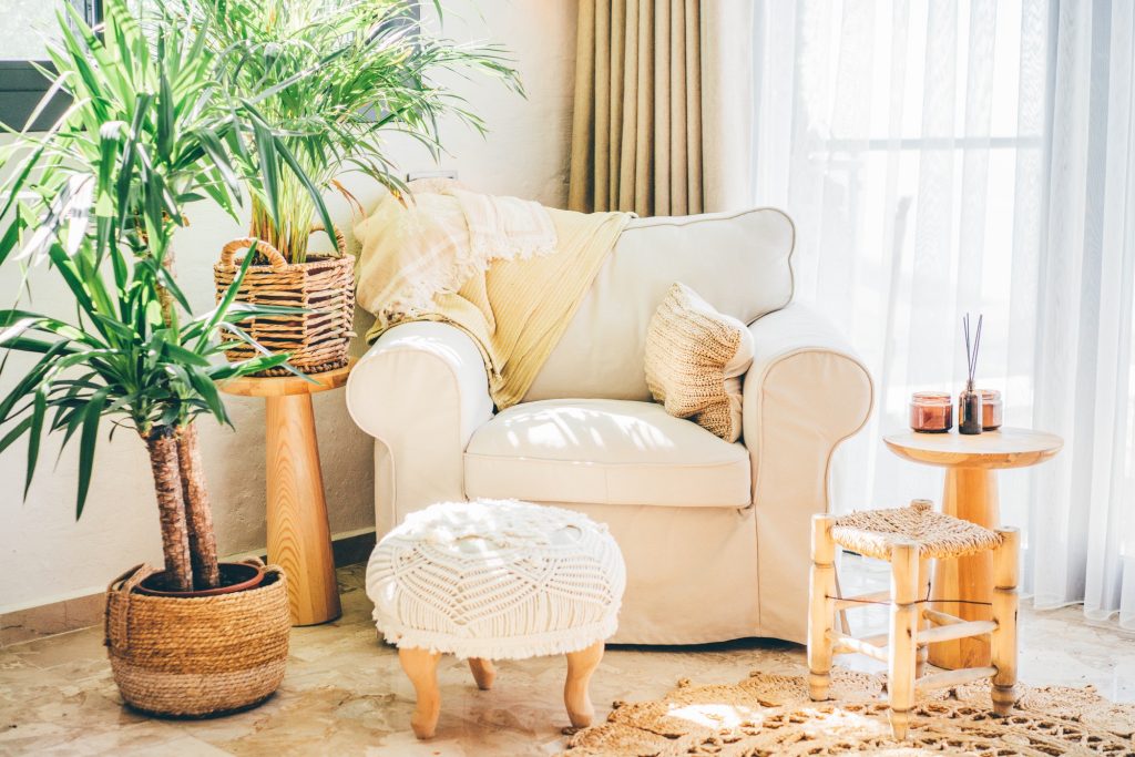 Details of modern boho, bohemian, scandinavian style. eco design interior.
