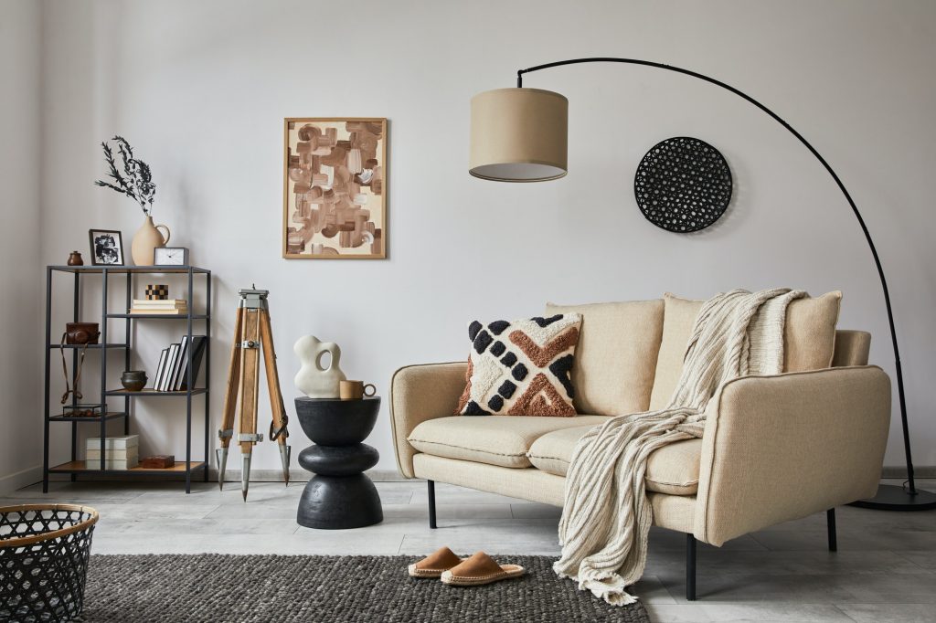 Stylish composition of elegant living room interior design