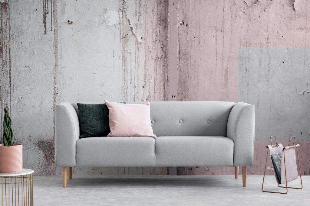 Wabi sabi living room with shabby grey and pink wall, real photo