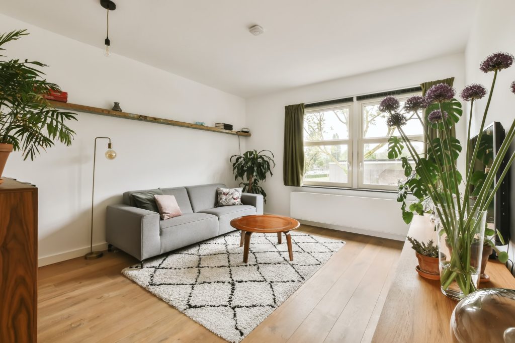 a living room with a couch and a coffee table