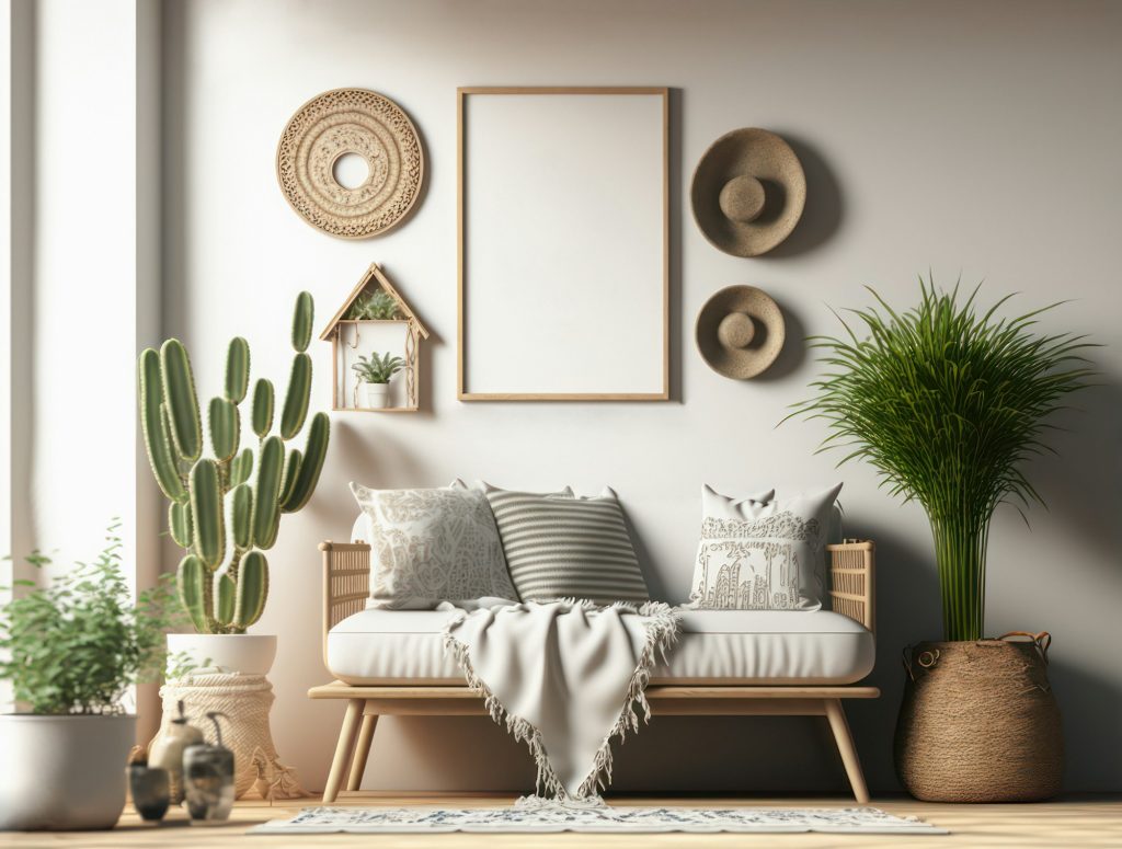 Boho frame mockup. Wall art mockup in Boho style Interior
