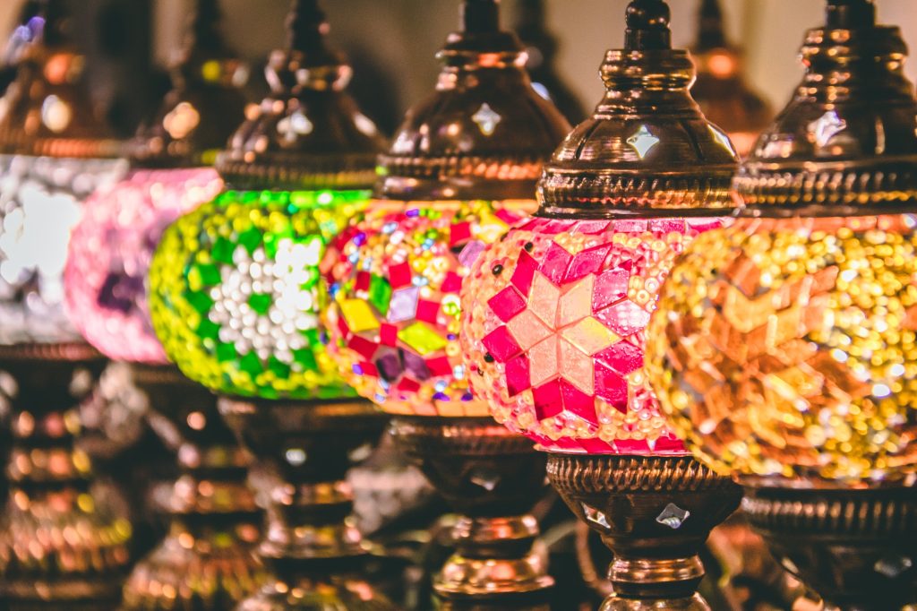 Moroccan or Turkish mosaic lamps and lanterns background; selective focus