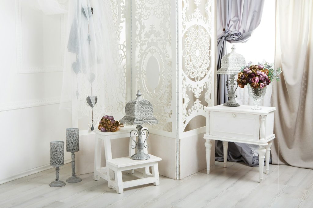 shabby chic white room interior, wedding decor